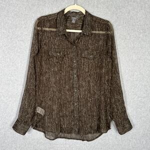 Eddie Bauer Sheer Blouse Medium Chocolate Utility Abstract Career Army Military‎